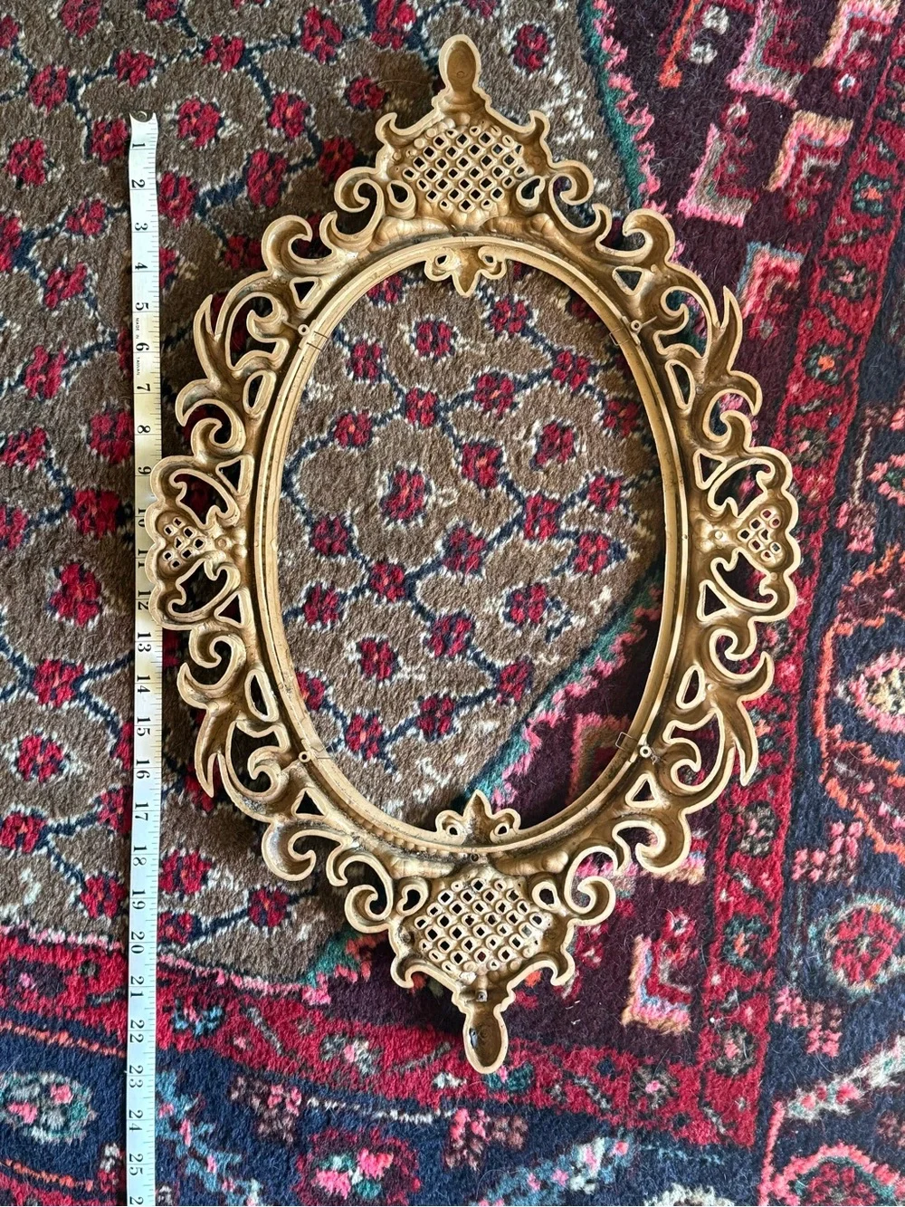 Vintage Ornate 1970s Oval Decorative Wall Frame in Antique Finish Molded Plastic